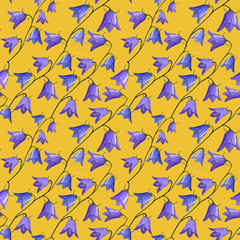 seamless pattern with bellflowers campanula flowers on yellow background. Floral background in gouache. Holidays presents and gifts wrapping paper For textiles,packaging,fabric,wallpaper