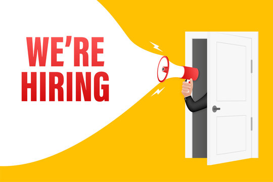 We are hiring. Megaphone banner. Teamwork concept. Vector stock illustration.