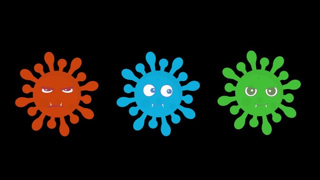 Coronavirus vector set of facial expressions, colored in red, blue end green covid-19 emotions  on black background. Set from the viral bacteria and microbes with eyes and mouth. Vector animation.