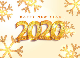 Obraz na płótnie Canvas Happy new year 2020 invitation party card banner with golden luxury numbers in white background with spirkles and shining snowflakes.. Gold Festive Numbers Design. Vector illustration.