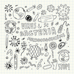 Viruses and Bacteria Clipart. Vector Illustration. Hand Drawn Doodle.
