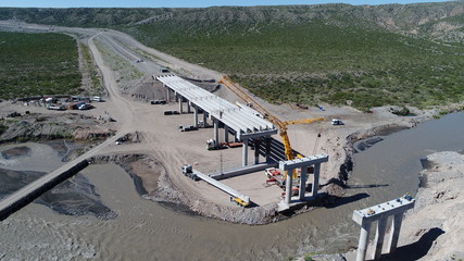 Mendoza, Argentina, April 23, 2018: Construction of a highway bridge over the Rio Diamante.