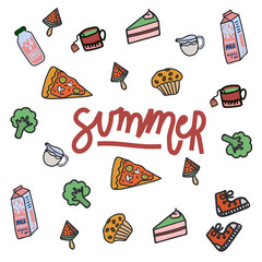 A set of flat drawn summer illustrations. Background texture with design elements for food, accessories, and beverages. Color cliparts for spending time in nature, the beach. Handwritten lettering