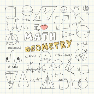 Hand Drawn Geometry Doodle. Handwriting Elements. School Education Background. Vector Illustration. Math Clipart. Mathematics Cartoons.