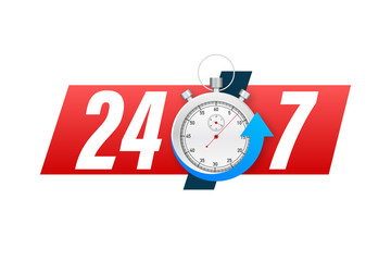 24-7 service concept. 24-7 open. Support service icon. Vector stock illustration.