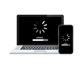 Obraz premium System software update, data update or synchronize with progress bar on the screen. Vector stock Illustration