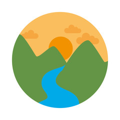 Sunny river landscape with mountains, flat style