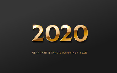 Greeting card web banner or poster with happy new year number 2020 with gold luxury shine effect. Merry christmas and happy new year golden and black color invitation. Vector illustration web. EPS