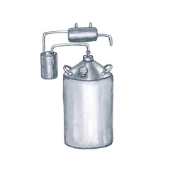 Watercolor illustration of a moonshine still on a white background