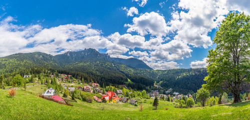 Landscape with Durau village, in background Ceahlau mountain, Piatra Neamt, Romania