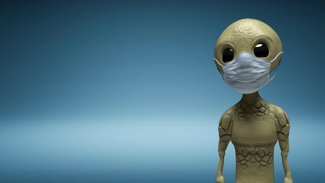 3d model of an alien wearing a surgical mask. 3D rendering.