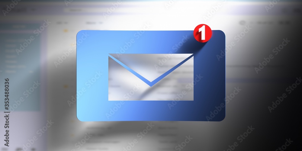 Poster email message inbox notification on blur screen background. 3d illustration