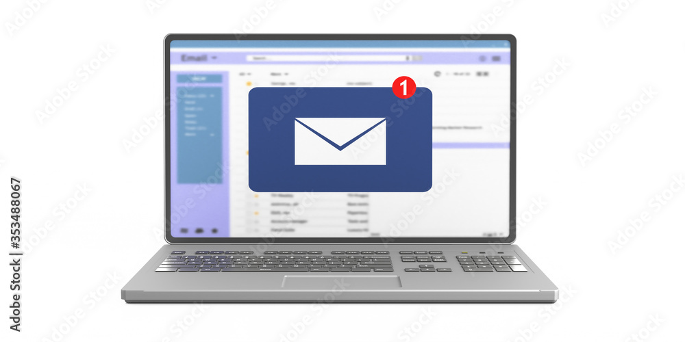 Poster email message inbox notification on laptop screen isolated on white background. 3d illustration