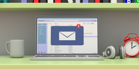 Email message inbox notification on laptop screen, home office background. 3d illustration