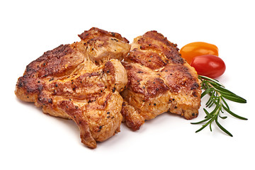 Grilled juicy pork steak, BBQ dishes, isolated on white background