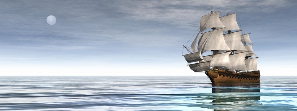 Beautiful old merchant ship floating on quiet water by day with moon - 3D render