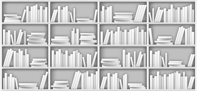 White bookshelf mockup, books on shelf in library, home, school or office interior. Volumes with blank paperback stand in row and lying in pile on rack standing on floor, realistic 3d vector mock up