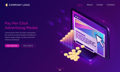 Pay per click isometric landing page, computer with cursor clicking on ad button, money falling from desktop. Ppc business, cpc advertising model, sponsored listing technology 3d vector web banner - obrazy, fototapety, plakaty