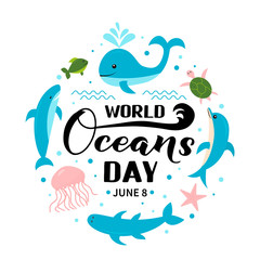 World Oceans Day calligraphy hand lettering with sea animals in flat style isolated on white. Environment conservation typography poster. Vector template for banner, flyer, sticker, logo, etc.