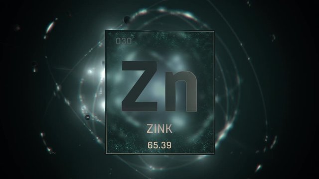 Zinc as Element 30 of the Periodic Table. Seamlessly looping 3D animation on green illuminated atom design background with orbiting electrons. Design shows name, atomic weight and element number