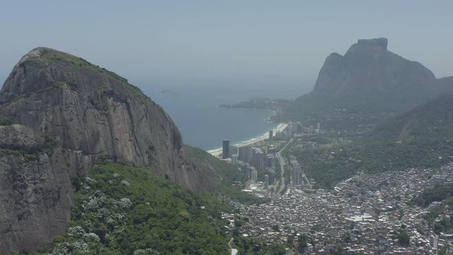 Drone, tracking footage of Rocinha favela in Sao Conrado in Rio de Janeiro Brazil
