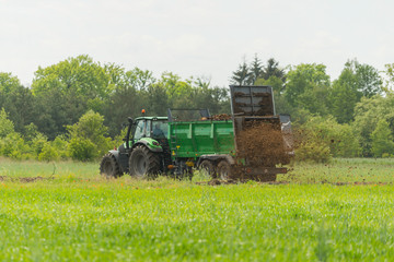 Praca ciągnika rolniczego z rozrzutnikiem w polu. - obrazy, fototapety, plakaty
