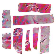 Shiny pink crumpled sticker. Cool set of metallic holographic sticky tape shapes isolated on white...