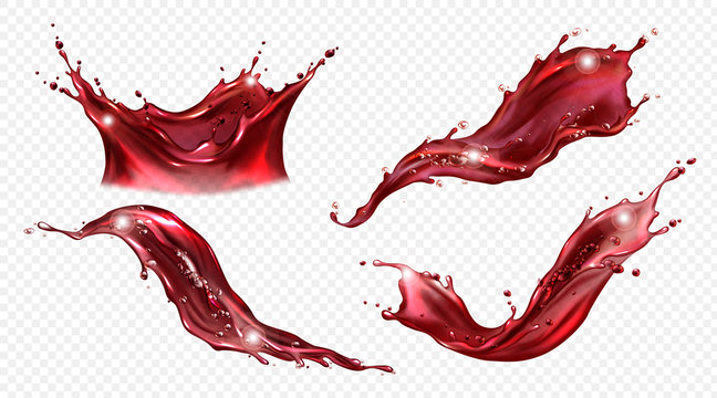 Splash of wine or red juice isolated on transparent background. Vector realistic set of liquid waves of falling and flowing clear fruit drink, strawberry, grape or cherry juice