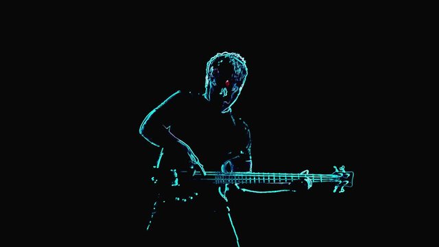 Outline colored sketch of man musician with bass guitar. Silhouettet isolated on a black background. Slow motion
