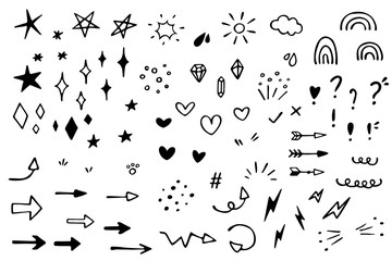 Vector set of different stars, sparkles, arrows, hearts, diamonds, signs and symbols. Hand drawn, doodle elements isolated on white background - 353490460