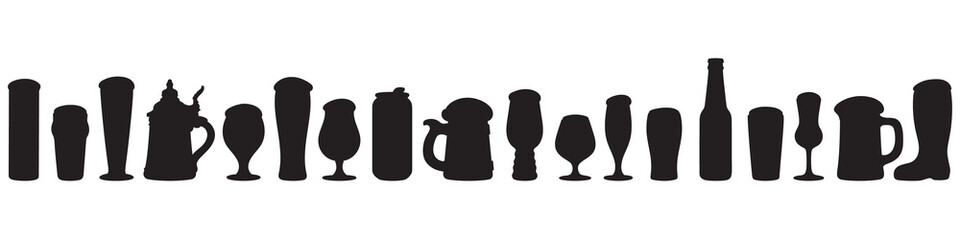 Silhouette of different beer glasses and mugs. Seamless border. Vector illustration.