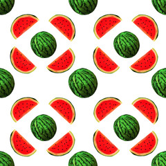 Seamless watermelons pattern. background with gouache watermelon slices. Fresh fruits seasonal background flat style