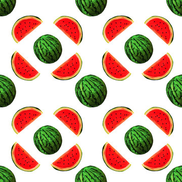 Seamless watermelons pattern. background with gouache watermelon slices. Fresh fruits seasonal background flat style