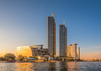 Tall Buildings on the Chao Phraya River Bank, Bangkok, Thailand - obrazy, fototapety, plakaty