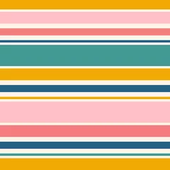 Wall murals Horizontal stripes Horizontal stripes seamless pattern. Simple vector texture with thin and thick lines. Abstract geometric striped background in bright colors, yellow, teal green, navy blue, pink. Modern repeat design