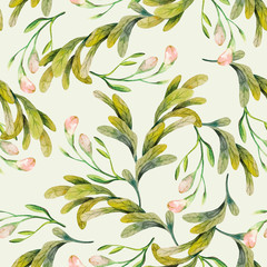 Fototapeta na wymiar Seamless gently green pattern with watercolor hand painted green spring leaves foliage with buds inspired by garden greenery. Hand painted