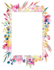 Card. Bright rich watercolor design of invitations, weddings, advertisements with pink, yellow different flowers and herbs. Botanical illustration with berries and herbs. Template.
