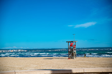 PALMA DE MALLORCA, SPAIN - MAY 10 2020 : Life Guard Tower at the Playa de Palma  at  - Mallorca during Corona Lock down  on May 10, 2020 in Palma de Mallorca, .