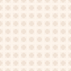 Vector geometric seamless pattern with small squares, grid, net, lattice, floral shapes, tiles. Subtle abstract minimal texture. Elegant light beige ornament, Simple geo background. Endless design