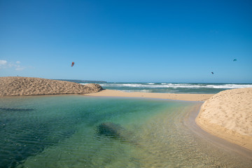 PALMA DE MALLORCA, SPAIN - MAY 11 2020 : Kite Surfer at the Playa de Palma  at  - Mallorca during Corona Lock down  on May 11, 2020 in Palma de Mallorca, .