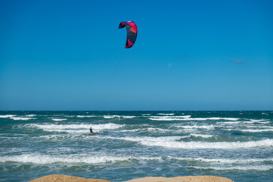 PALMA DE MALLORCA, SPAIN - MAY 11 2020 : Kite Surfer at the Playa de Palma  at  - Mallorca during Corona Lock down  on May 11, 2020 in Palma de Mallorca, .