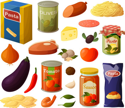Vector illustration of various traditional Italian food items ingredients isolated on a white background.
