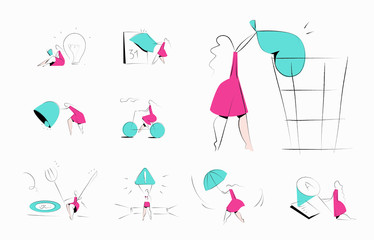 Notifications, calendar, danger allert, error, documents, weather forecast - vector illustrations on a white background. Product categories set. Woman in pink dress. Activities. Empty states scenes.