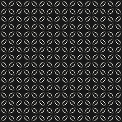 Vector seamless pattern with tiny dots. Simple minimalist black and white geometric texture with dotted halftone crosses, small floral silhouettes, diamond grid. Abstract monochrome dark background