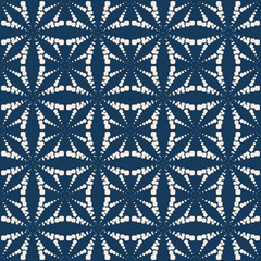 Vector geometrische gestippelde naadloze patroon. Eenvoudige minimale textuur met halftoonpunten, kruisen, bloemensilhouetten, sterren, raster. Abstracte donkerblauwe achtergrond. Stijlvol herhalingsontwerp voor decor, print