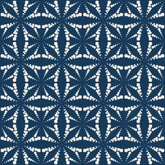Fotobehang Blauw wit Vector geometrische gestippelde naadloze patroon. Eenvoudige minimale textuur met halftoonpunten, kruisen, bloemensilhouetten, sterren, raster. Abstracte donkerblauwe achtergrond. Stijlvol herhalingsontwerp voor decor, print