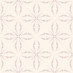 Vector seamless pattern with dots. Simple geometric texture with dotted halftone crosses, floral silhouettes, grid. Abstract minimal background in light beige color. Modern repeat decorative design