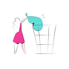 Woman trowing out the garbage - delete concept vector illustration on a white background. Product categories set. Woman in pink dress. Activities. Empty states scenes.