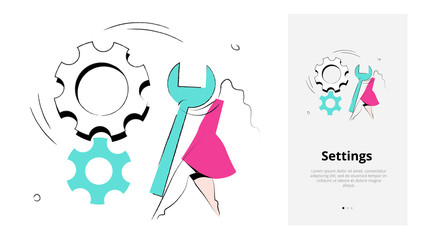 Product category. Vector illustration of settings, service maintenance. A woman holding a wrench near cogwheels. Isolated vector illustration in modern minimal style. Mobile app onboarding screen.