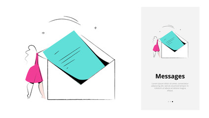 Vector illustration of e-mail and messages delivery. A woman holding a big envelope. Isolated vector illustration in modern minimal style. Mobile app onboarding screen.